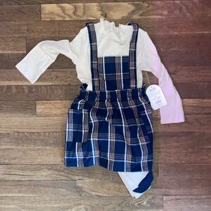 NWT 3T Wonder Nation Blue/pink flannel overall dress w/ long sleeve shirt&tights
